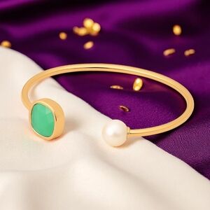 🆕️Elegant 18K Gold Plated Stainless Steel Aquamarine Pearl Cuff Bracelet Studs